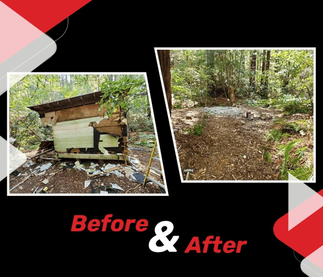 Before and after views of a structure and debris cleanup by MC